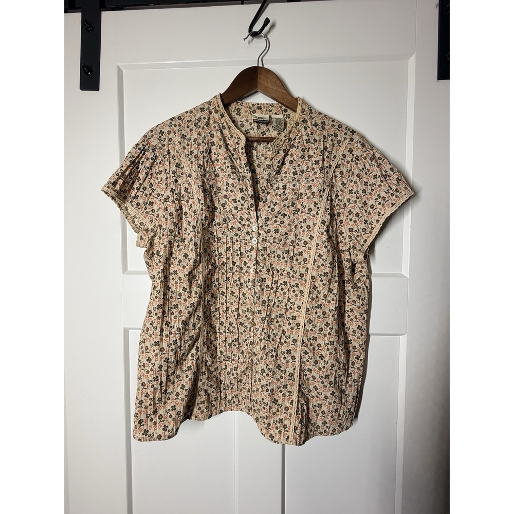 Route 66 Womens XL Floral Peasant Blouse Cottagecore Pintuck Crochet ShortSleeve